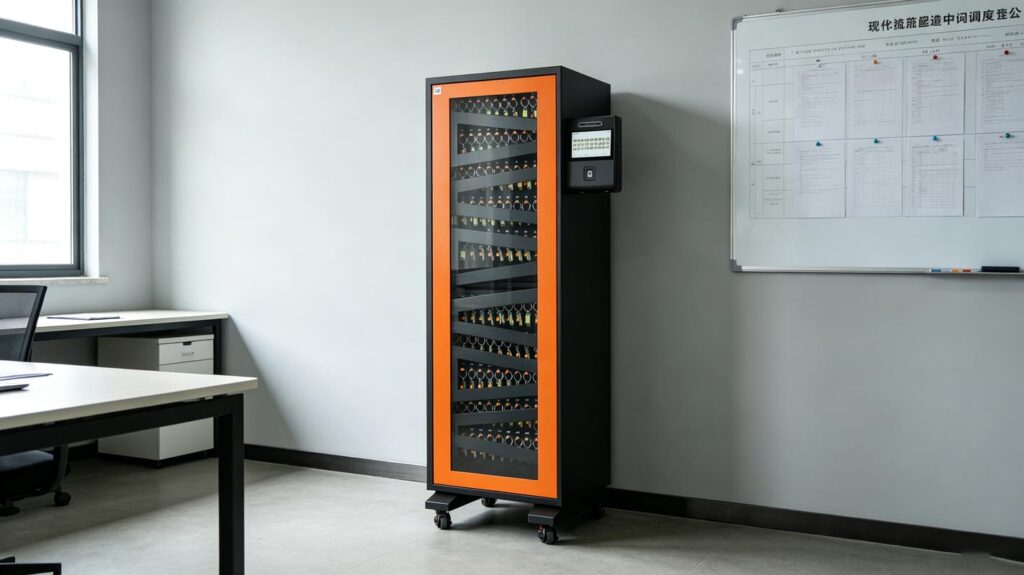 Logistics center manager reviewing key usage records via smart key cabinet management dashboard