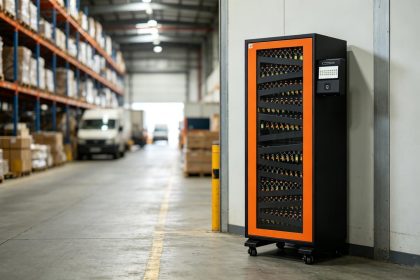 Logistics driver collecting vehicle key from smart key cabinet with automatic operation logging
